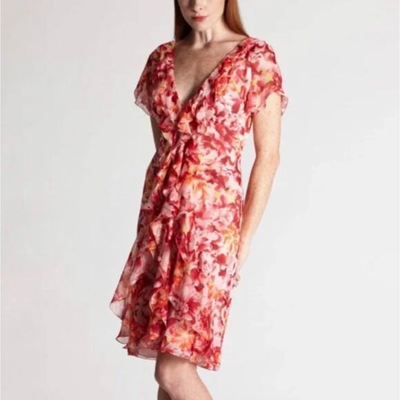 100% Silk Floral Ruffle Midi Dress Pink Orange S-8 Wedding Guest Cocktail Sunset - Picture 1 of 13